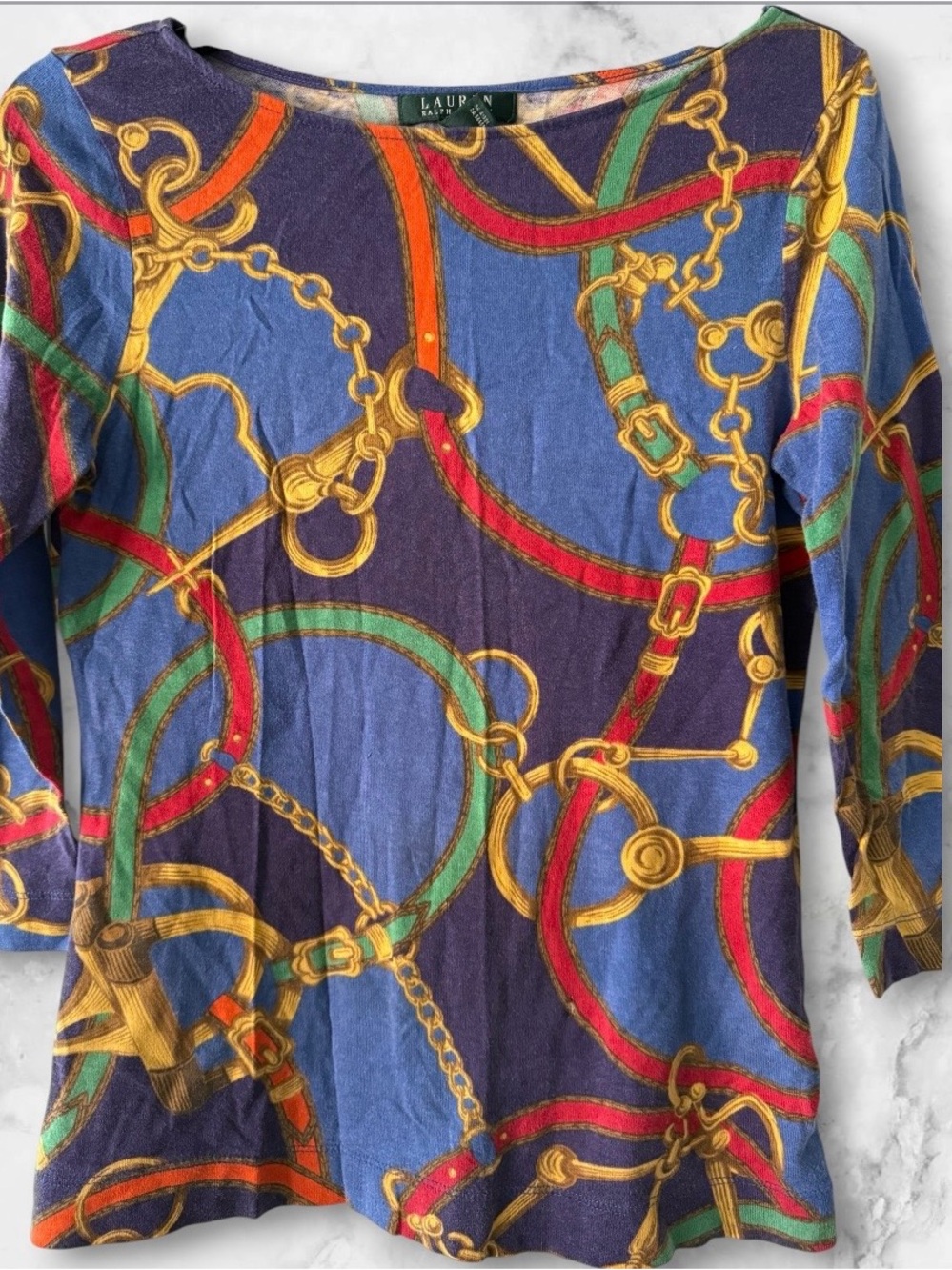Ralph Lauren Blue Gold Chain Belt Print Boatneck Shirt Sz S - Picture 3 of 4